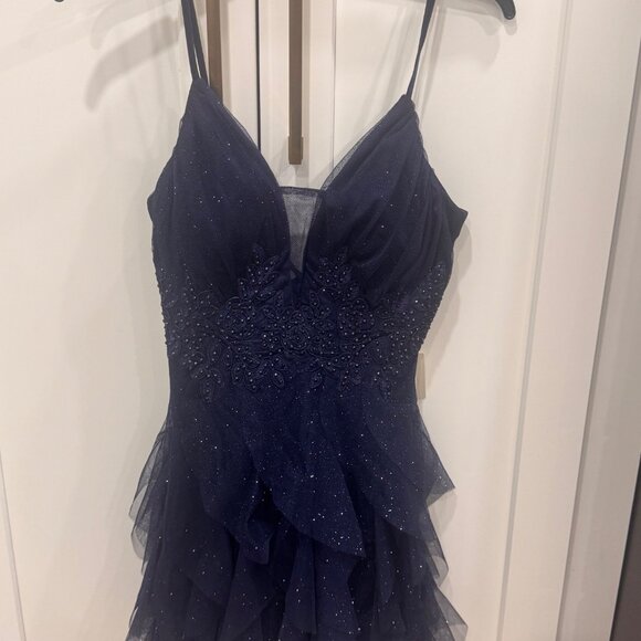 Pear Culture Navy Blue Beaded Tulle Mini Dress Size 0 with Ruffled Skirt & Adjus - Picture 1 of 8